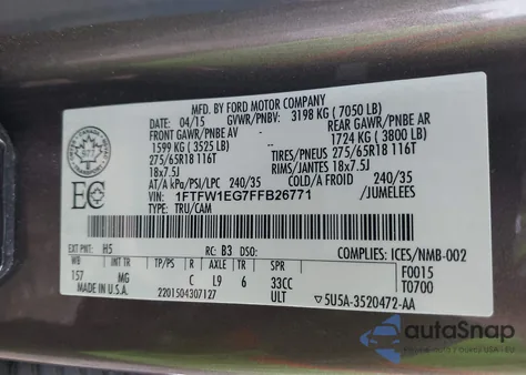 2015 Ford F-150 Xlt z USA, uszkodzony, nr VIN 1FTFW1EG7FFB26771